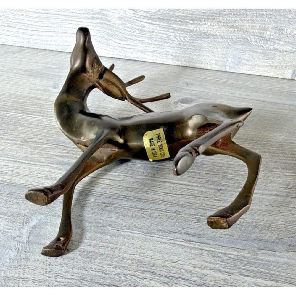 Vtg Brass Buck Deer Stag Figure Reindeer MCM 6 Point Antlers Animal 9" Korea - Picture 9 of 12